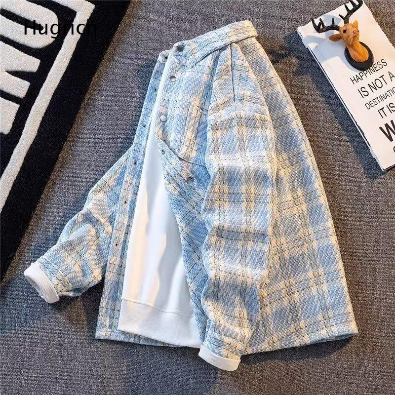 Men'S Fashion Light Jacket - Light Blue Plaid Tweed Oversized Shacket