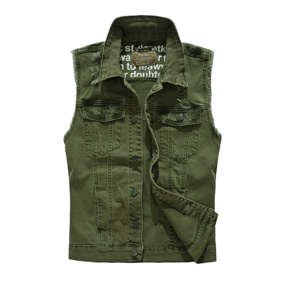 Men'S Fashion Vest With Jeans - New Fashion Men Green Casual Ripped