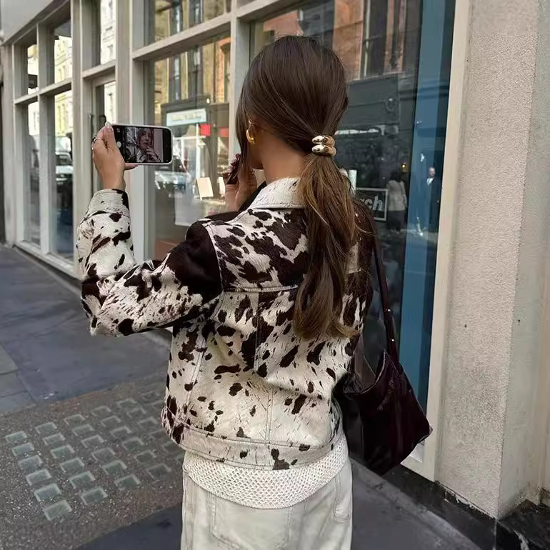 Women's Turn-down Collar Print - Denim Jacket Vintage 评论和价格