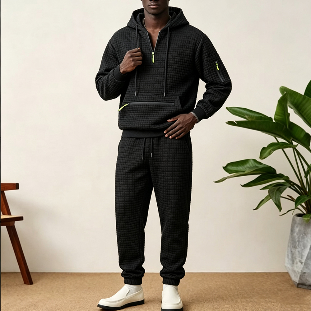 Men's 2PCS Waffle Grid Tracksu - Streetwear Hoodie 评论和价格